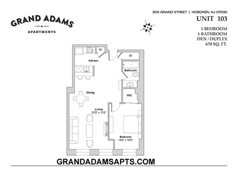 Floor plan for 1 bed, 1 bath, 670 sqft